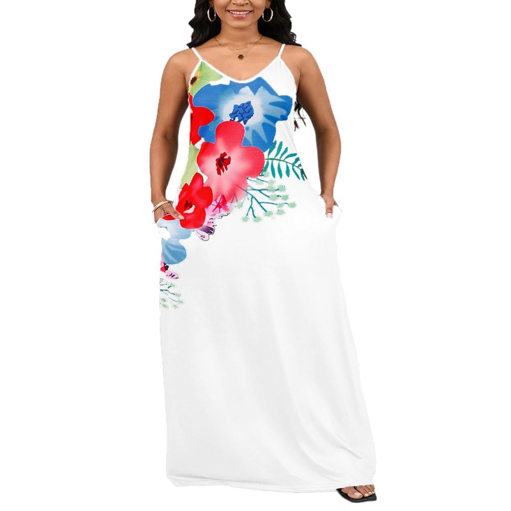 SheKiss Womens Plus Size Summer Floral Maxi Boho Dress Sleeveless Beach Colorful Sundress with Pockets White