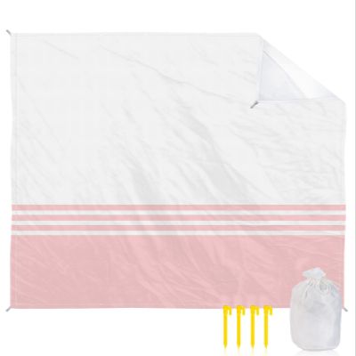 Beach Blanket Pink White Stripes Sandproof Waterproof Beach Mat Modern Geometry Mat Quick Drying Beach Essentials for Vacation Lightweight Picnic Blanket with 4 Stakes & Corner Pockets 108"x84"