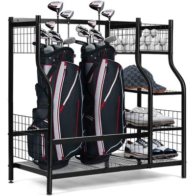 HITIK Golf Bag Storage Rack for Garage, Thickened 250mm Steel Frame | Fits 2 Golf Bags, Golfing Equipment Accessories | Black