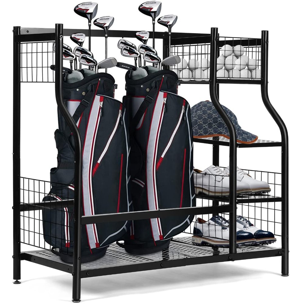 HITIK Golf Bag Storage Rack for Garage, Thickened 250mm Steel Frame | Fits 2 Golf Bags, Golfing Equipment Accessories | Black