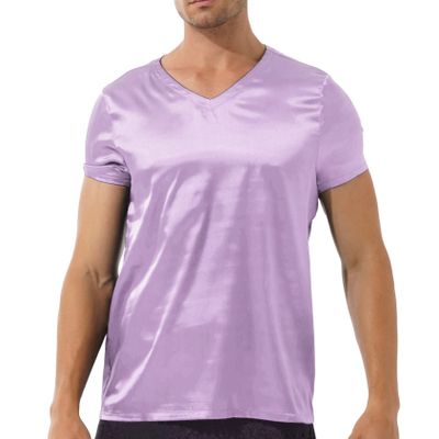 Daenrui Mens Satin Sleep Shirt Pajamas Short Sleeve Silk V-Neck Casual T-Shirt Tee Blouse Nightwear Purple Large