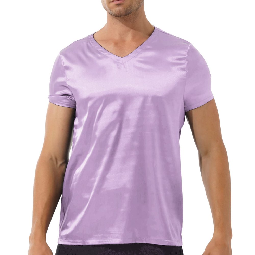 Daenrui Mens Satin Sleep Shirt Pajamas Short Sleeve Silk V-Neck Casual T-Shirt Tee Blouse Nightwear Purple Large
