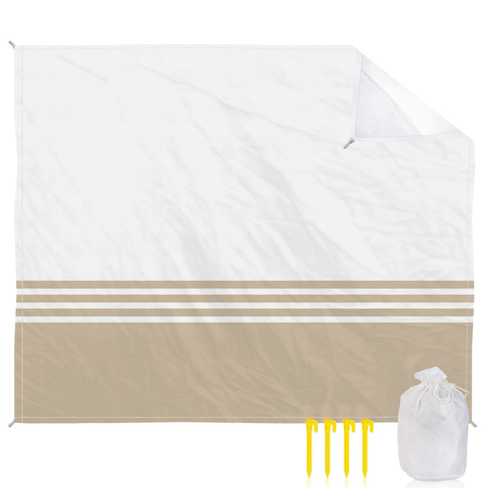 ALAGEO Beach Blanket Brown Stripes Geometry Sandproof Waterproof Beach Mat Modern White Minimalist Sand Free Mat Quick Drying Beach Essentials for Vacation with 4 Stakes & Corner Pockets 118"x108"