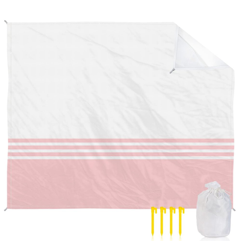 Beach Blanket Pink White Stripes Sandproof Waterproof Beach Mat Geometry Sand Free Mat Quick Drying Beach Essentials for Vacation Lightweight Picnic Blanket with 4 Stakes & Corner Pockets 83"x79"