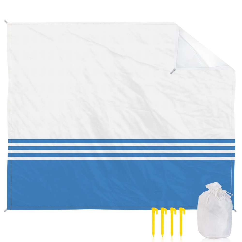 Beach Blanket Blue White Stripes Geometry Sandproof Waterproof Beach Mat Modern Minimalist Sand Free Mat Quick Drying Beach Essentials for Vacation Lightweight with 4 Stakes & Corner Pockets 108"x84"