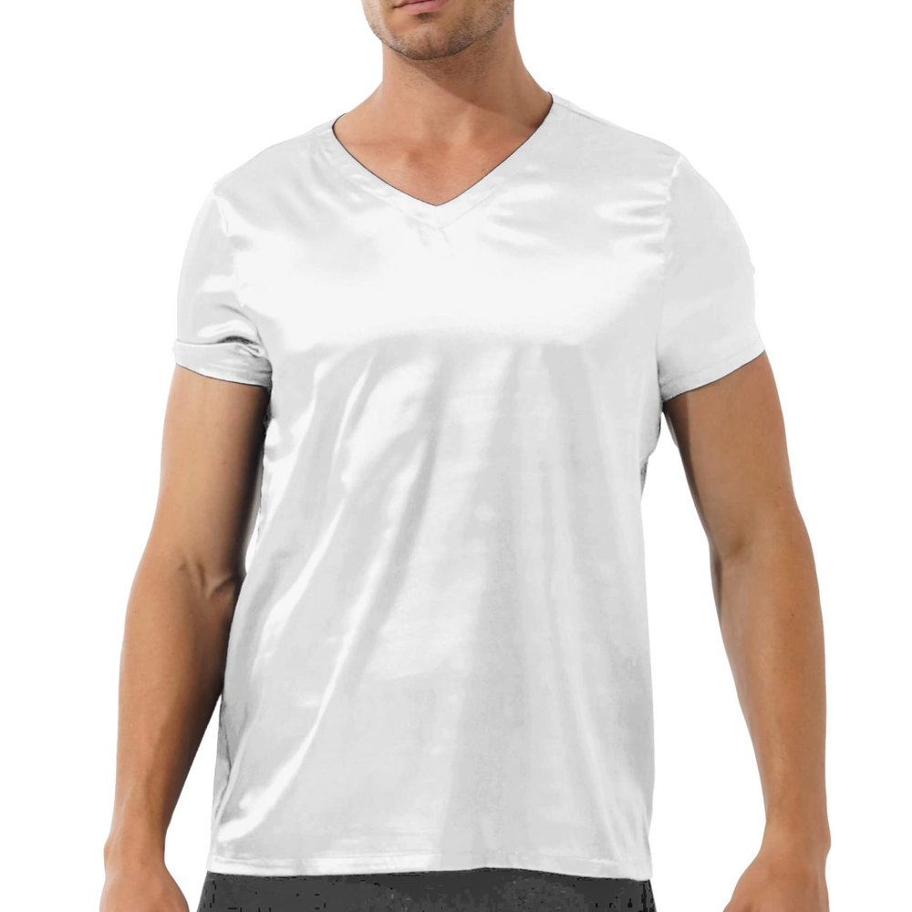 Daenrui Mens Satin Sleep Shirt Pajamas Short Sleeve Silk V-Neck Casual T-Shirt Tee Blouse Nightwear White Large