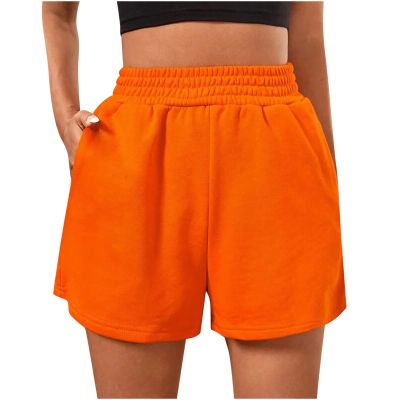 Womens 5" Terry Shorts Loose Comfy Yoga Sweat Cotton Shorts Athletic Fit High Waist Pockets Running Lounge Short Pant Orange