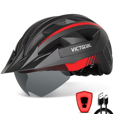 VICTGOAL Bike Helmet with USB Rechargeable Rear Light Detachable Magnetic Goggles Removable Sun Visor Mountain & Road Bicycle Helmets for Men Women Adult Cycling Helmets (M: 54-58 cm, Black Red)