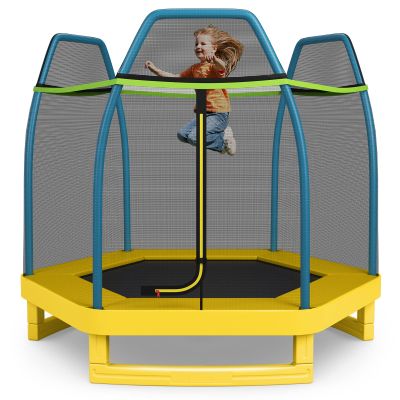 Giantex 7FT Square Trampoline for Kids with Enclosure Net, 84'' Kids Trampoline for Toddlers, ASTM Approved, Blue/Yellow