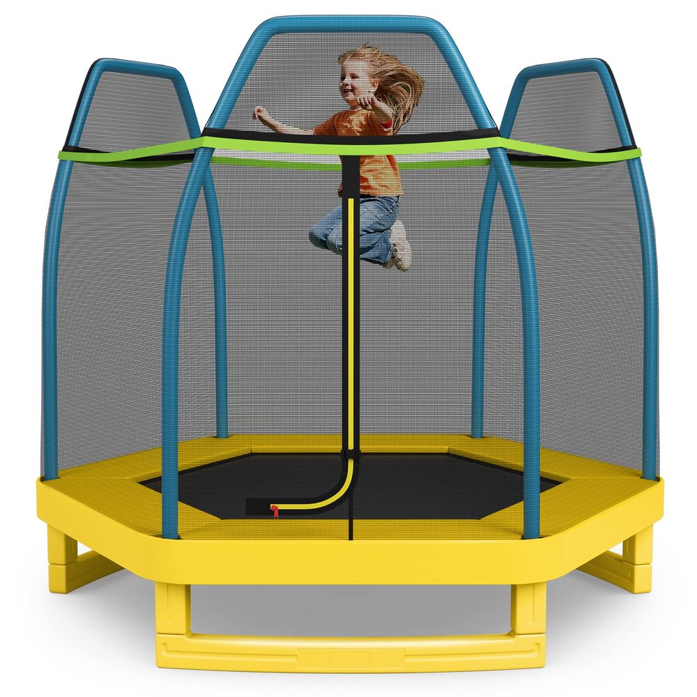 Giantex 7FT Square Trampoline for Kids with Enclosure Net, 84'' Kids Trampoline for Toddlers, ASTM Approved, Blue/Yellow