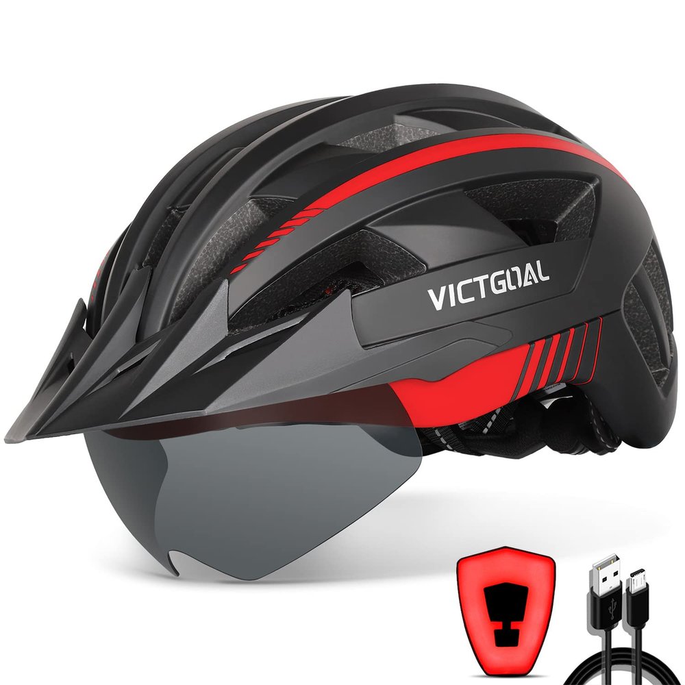 VICTGOAL Bike Helmet with USB Rechargeable Rear Light Detachable Magnetic Goggles Removable Sun Visor Mountain & Road Bicycle Helmets for Men Women Adult Cycling Helmets (XL: 59-63 cm, Black Red)
