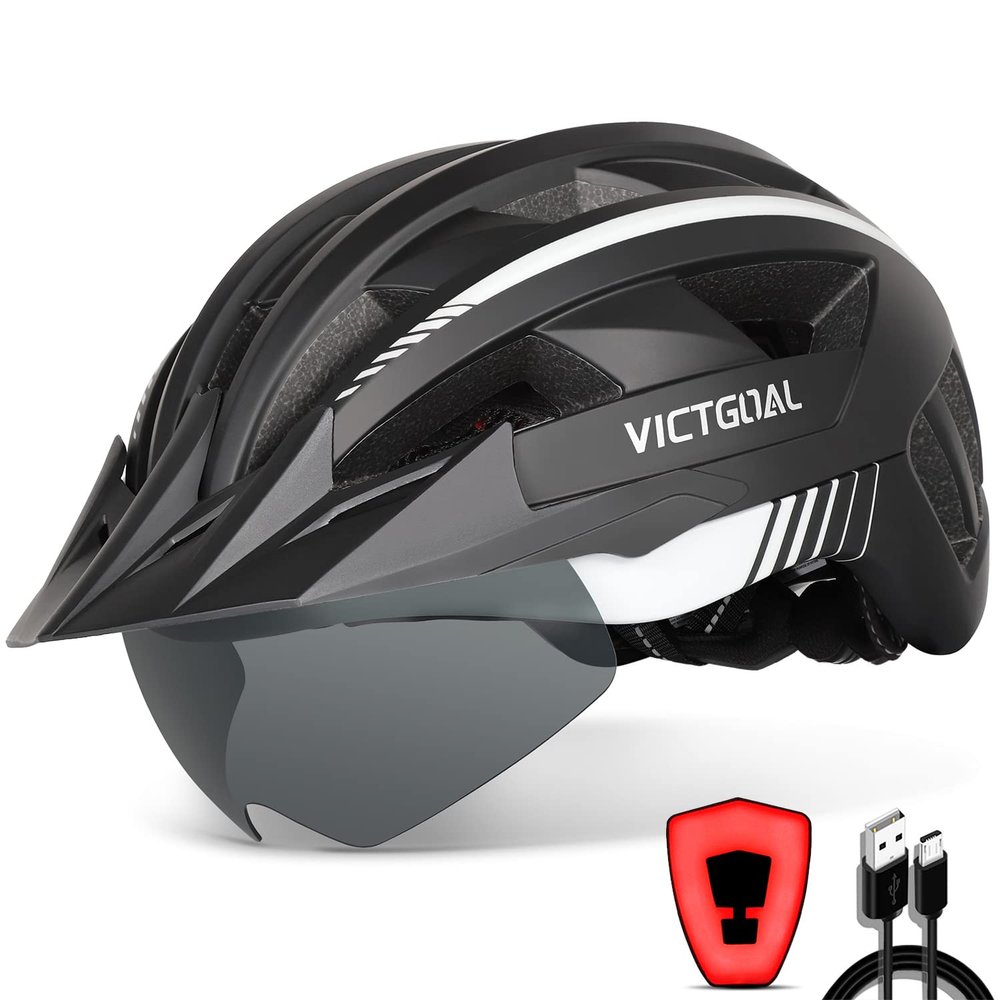 VICTGOAL Bike Helmet with USB Rechargeable Rear Light Detachable Magnetic Goggles Removable Sun Visor Mountain & Road Bicycle Helmets for Men Women Adult Cycling Helmets (M: 54-58 cm, Black White)