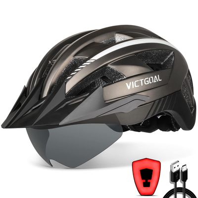 VICTGOAL Bike Helmet with USB Rechargeable Rear Light Detachable Magnetic Goggles Removable Sun Visor Mountain & Road Bicycle Helmets for Men Women Adult Cycling Helmets (M: 54-58 cm, Ti)