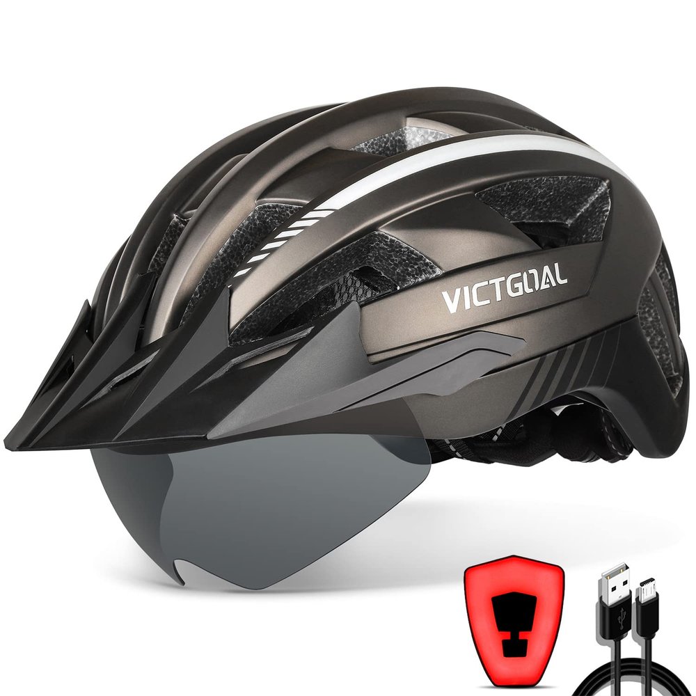 VICTGOAL Bike Helmet with USB Rechargeable Rear Light Detachable Magnetic Goggles Removable Sun Visor Mountain & Road Bicycle Helmets for Men Women Adult Cycling Helmets (M: 54-58 cm, Ti)