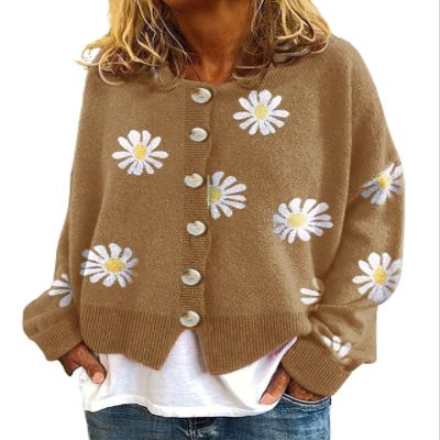 ebossy Women's Vintage Floral Crop Cardigan Sweather Artistic Aesthetic Cable Knitted Oversized Sweater Outwear (XX-Large, 03 Khaki)