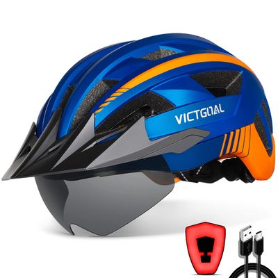 VICTGOAL Bike Helmet with USB Rechargeable Rear Light Detachable Magnetic Goggles Removable Sun Visor Mountain & Road Bicycle Helmets for Men Women Adult Cycling Helmets (M: 54-58 cm, Blue)