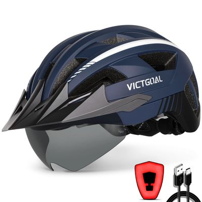 VICTGOAL Bike Helmet with USB Rechargeable Rear Light Detachable Magnetic Goggles Removable Sun Visor Mountain & Road Bicycle Helmets for Men Women Adult Cycling Helmets (M: 54-58 cm, Navy Blue)