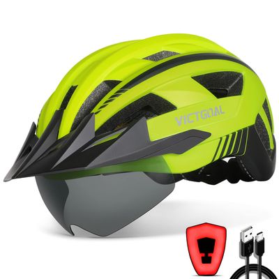VICTGOAL Bike Helmet with USB Rechargeable Rear Light Detachable Magnetic Goggles Removable Sun Visor Mountain & Road Bicycle Helmets for Men Women Adult Cycling Helmets (XL: 59-63 cm, Yellow)