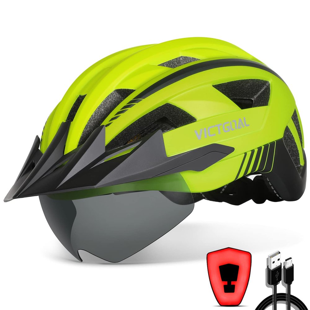 VICTGOAL Bike Helmet with USB Rechargeable Rear Light Detachable Magnetic Goggles Removable Sun Visor Mountain & Road Bicycle Helmets for Men Women Adult Cycling Helmets (XL: 59-63 cm, Yellow)