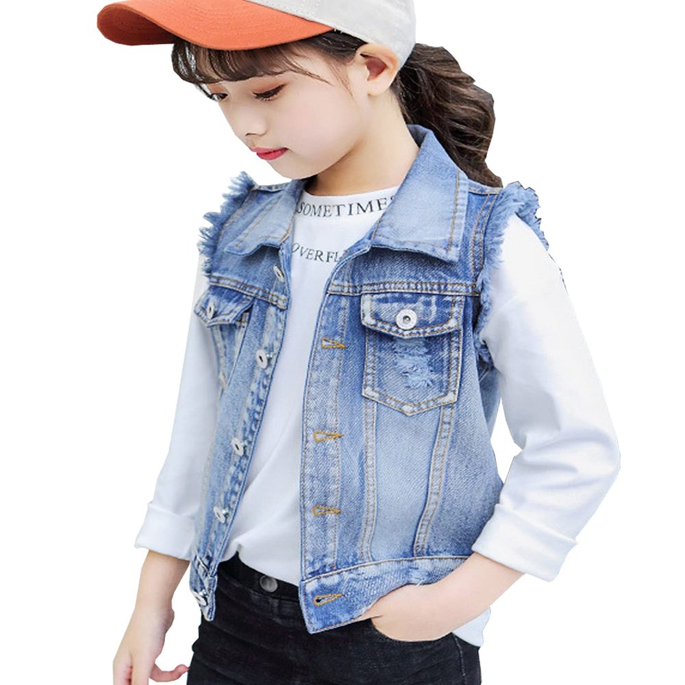 NABER Kids Girls' Fashion Sleeveless Outerwear Denim Jacket Vest Age 4-14 Years(Blue2,5-6 Years)