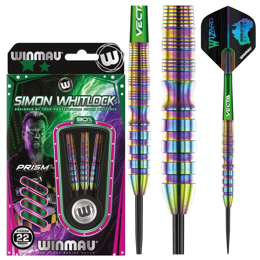 Winmau Simon Whitlock Urban World Cup Edition 22 Gram Professional Steeltip Tungsten Darts Set with Flights and Stems (Shafts)