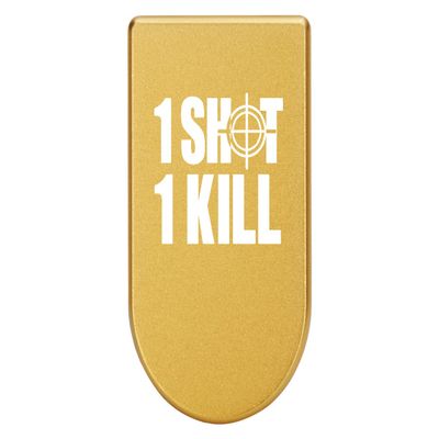 NDZ Performance Magazine Base Plate with Finger Extension for Springfield Hellcat 10 Round 9mm  Gold Laser Engraved Aluminum  1 Shot 1 Kill Crosshairs 2 Line  USA Made