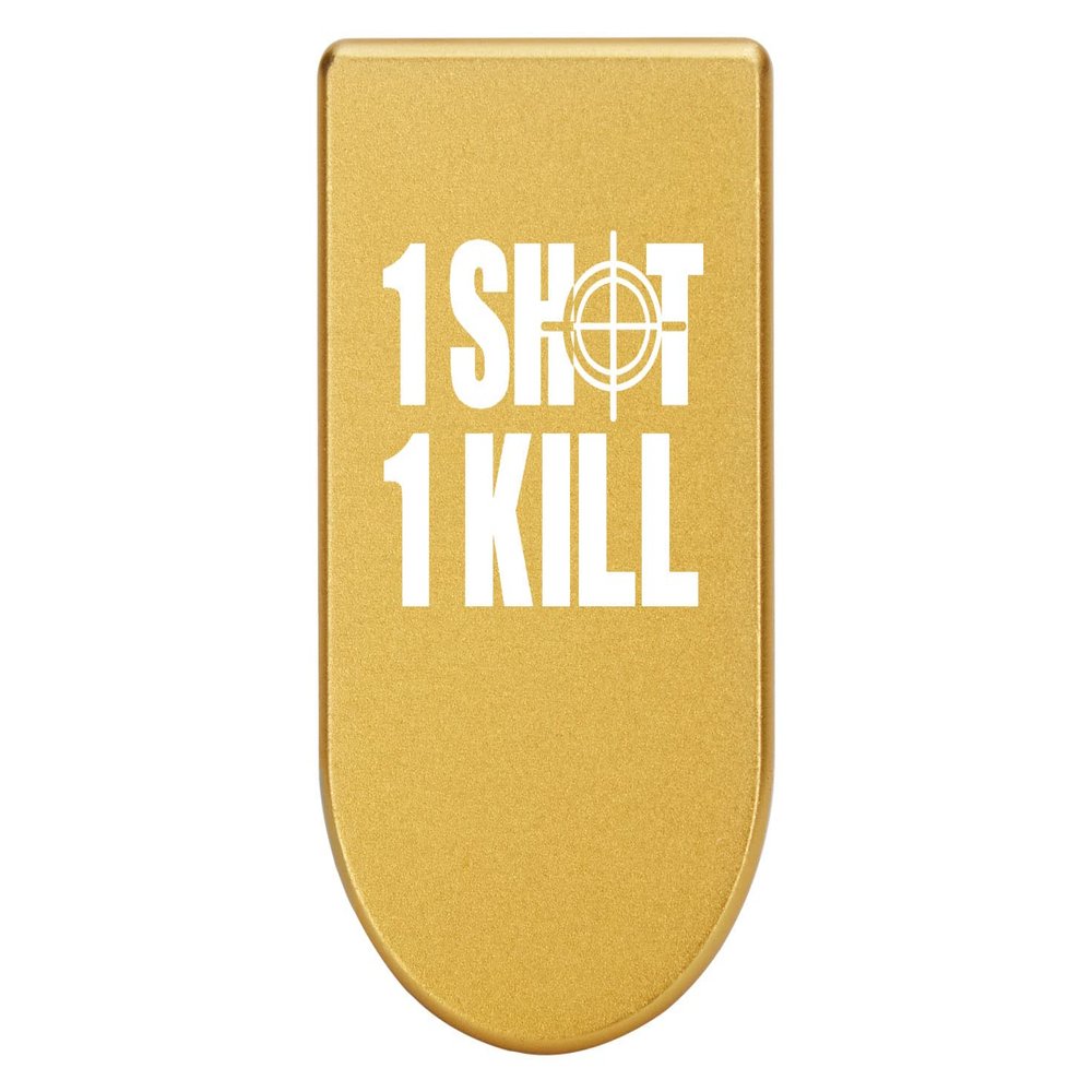 NDZ Performance Magazine Base Plate with Finger Extension for Springfield Hellcat 10 Round 9mm  Gold Laser Engraved Aluminum  1 Shot 1 Kill Crosshairs 2 Line  USA Made