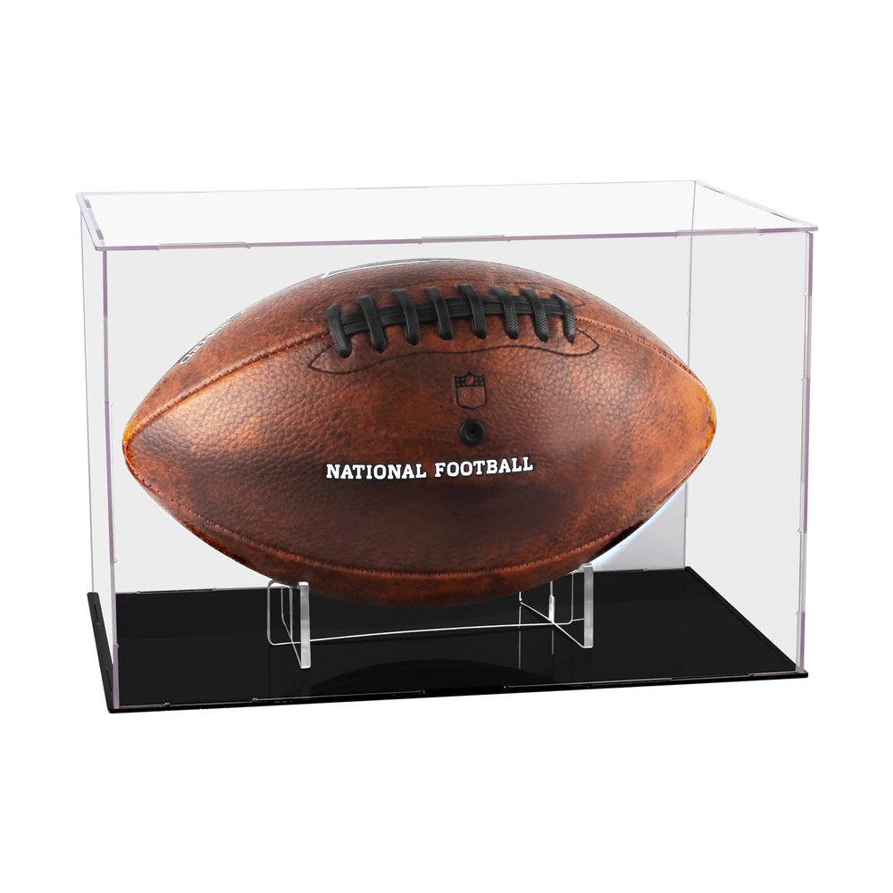 Clear Football Display Case,Memorabilia Display Box Cases for Football or Memorial Sports Gloves,with Steel Brackets Hanger & Removable Interior Football Display Stand(11.8x7.9x7.9 inch; 30x20x20 cm)