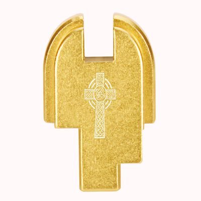 NDZ Performance Slide Cover Back Plate for Springfield Hellcat, Hellcat Pro & Comp  Gold Laser Engraved Anodized Aluminum  USA Made  Celtic Cross