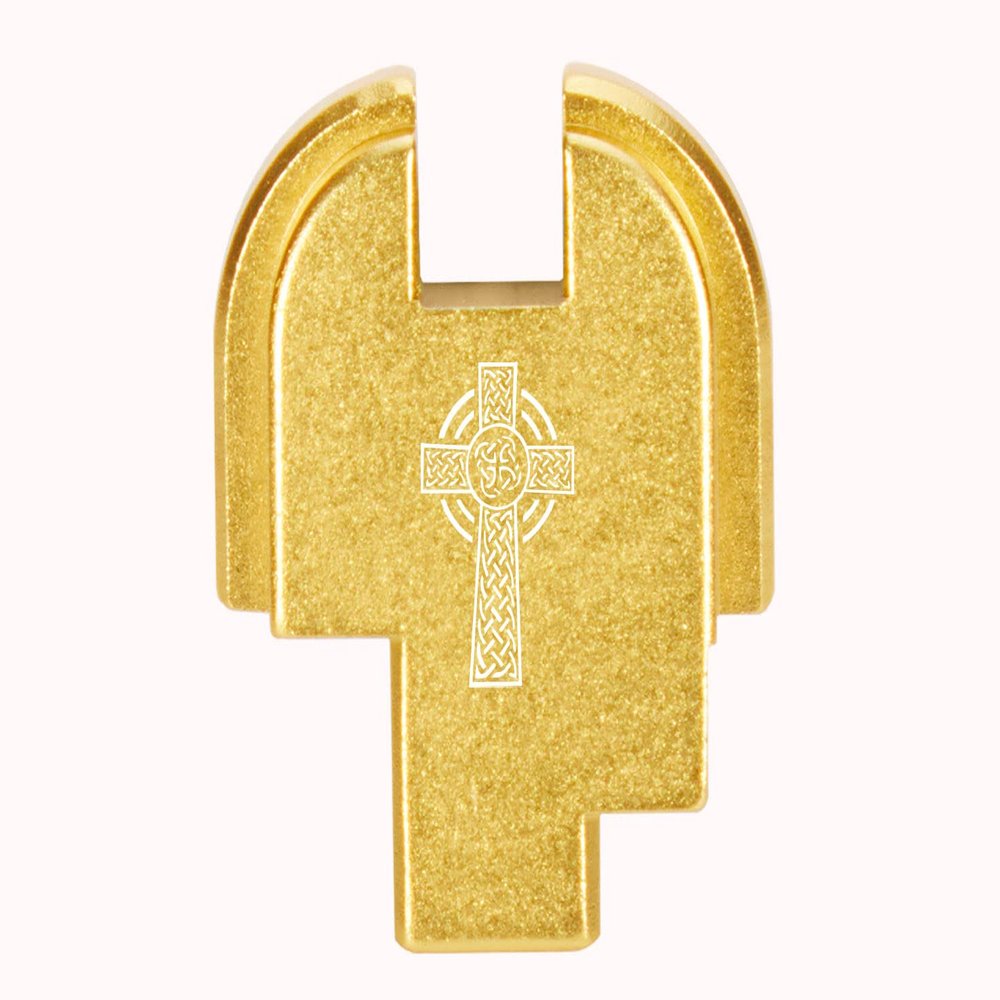 NDZ Performance Slide Cover Back Plate for Springfield Hellcat, Hellcat Pro & Comp  Gold Laser Engraved Anodized Aluminum  USA Made  Celtic Cross