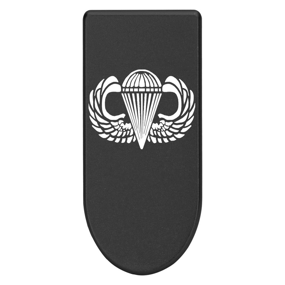 NDZ Performance Magazine Base Plate with Finger Extension for Springfield Hellcat 10 Round 9mm  Black Laser Engraved Aluminum  Airborne Jump Wings  USA Made