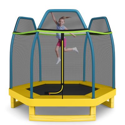 GYMAX Trampoline for Kids, 7FT Toddler Trampoline with Safety Enclosure Net & Seamless Spring Pad, Heavy Duty Small Indoor/Outdoor Trampoline for Boys, Girls Age 3+ (Yellow & Blue)