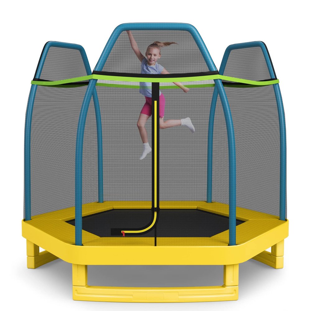 GYMAX Trampoline for Kids, 7FT Toddler Trampoline with Safety Enclosure Net & Seamless Spring Pad, Heavy Duty Small Indoor/Outdoor Trampoline for Boys, Girls Age 3+ (Yellow & Blue)