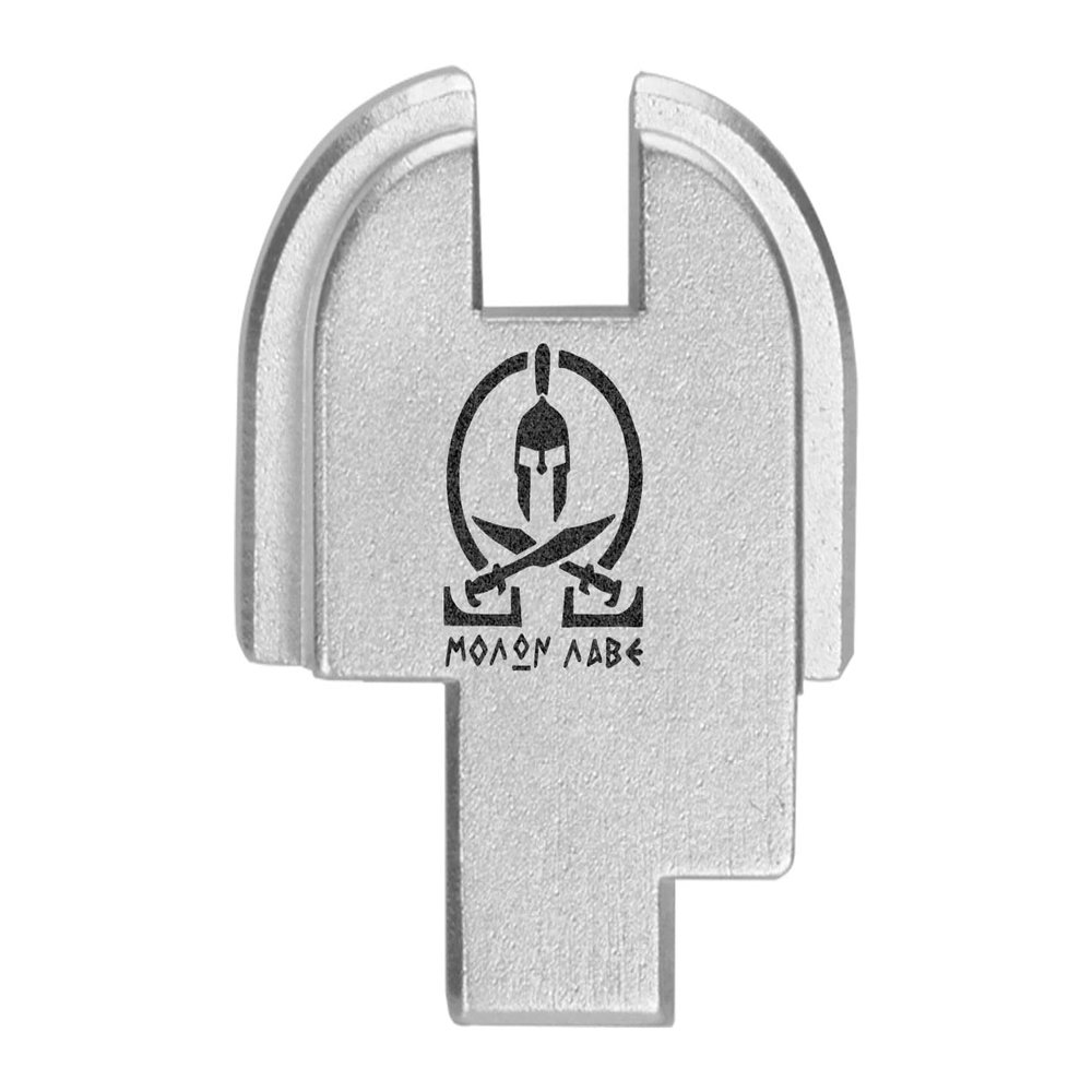 NDZ Performance Slide Cover Back Plate for Springfield Hellcat, Hellcat Pro & Comp  Silver Laser Engraved Anodized Aluminum  USA Made  Molon Labe Omega Crossed Swords