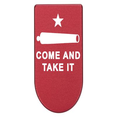 NDZ Performance Magazine Base Plate with Finger Extension for Springfield Hellcat 10 Round 9mm  Red Laser Engraved Aluminum  Come and Take It Cannon Text 2 Line  USA Made