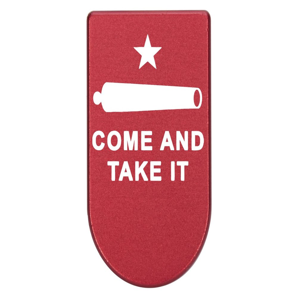 NDZ Performance Magazine Base Plate with Finger Extension for Springfield Hellcat 10 Round 9mm  Red Laser Engraved Aluminum  Come and Take It Cannon Text 2 Line  USA Made