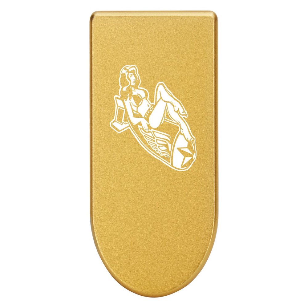 NDZ Performance Magazine Base Plate with Finger Extension for Springfield Hellcat 10 Round 9mm  Gold Laser Engraved Aluminum  Bomb Pinup Girl 1  USA Made