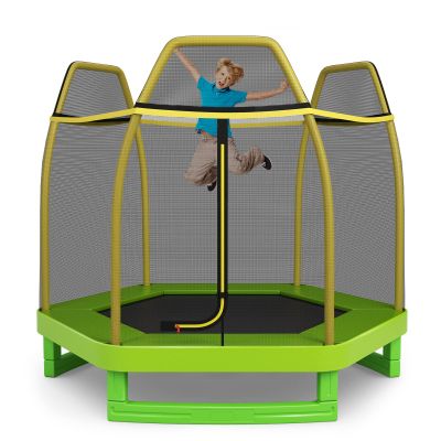 GYMAX 7FT Trampoline for Kids, Toddler with Safety Enclosure Net & Seamless Spring Pad, Heavy Duty Small Indoor/Outdoor for Boys, Girls Age 3+ (Green & Yellow)