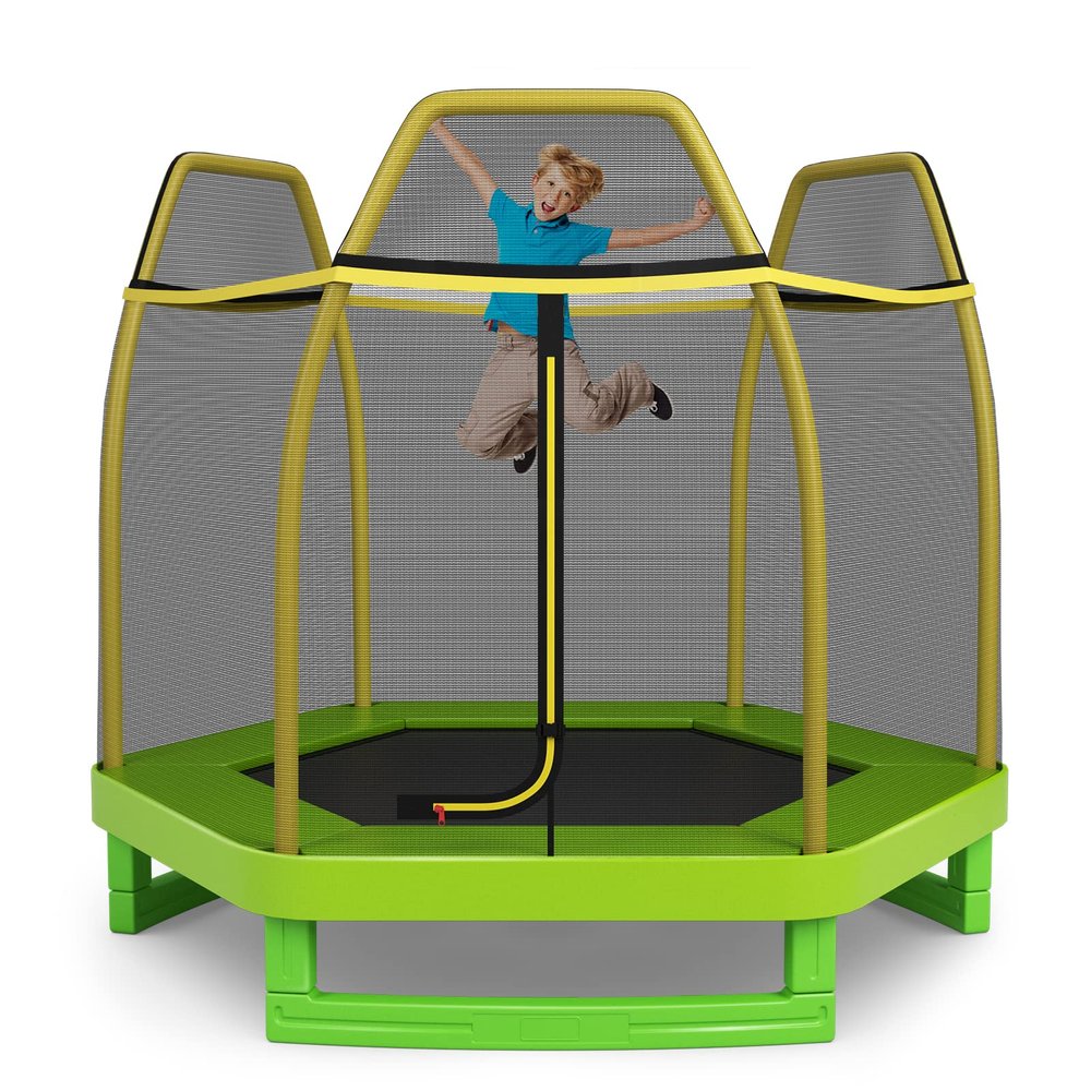 GYMAX 7FT Trampoline for Kids, Toddler with Safety Enclosure Net & Seamless Spring Pad, Heavy Duty Small Indoor/Outdoor for Boys, Girls Age 3+ (Green & Yellow)