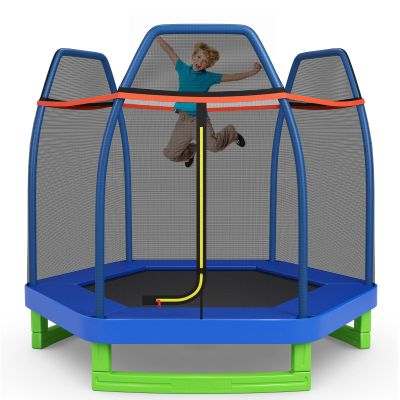 GYMAX Trampoline for Kids, 7FT Toddler Trampoline with Safety Enclosure Net & Seamless Spring Pad, Heavy Duty Small Indoor/Outdoor Rebounder for Boys, Girls Age 3+ (Green & Blue)