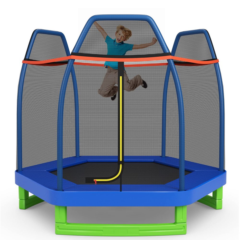 GYMAX Trampoline for Kids, 7FT Toddler Trampoline with Safety Enclosure Net & Seamless Spring Pad, Heavy Duty Small Indoor/Outdoor Rebounder for Boys, Girls Age 3+ (Green & Blue)
