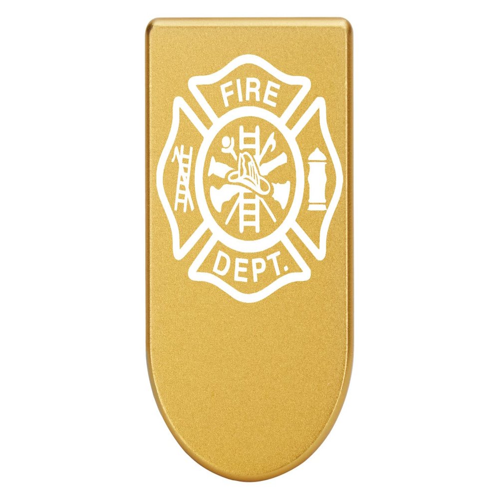 NDZ Performance Magazine Base Plate with Finger Extension for Springfield Hellcat 10 Round 9mm Gold Laser Engraved Aluminum Fire Department Emblem USA Made