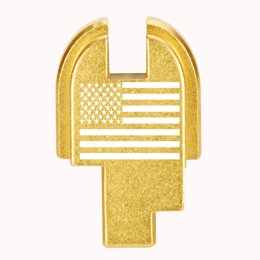 NDZ Performance Slide Cover Back Plate for Springfield Hellcat, Hellcat Pro & Comp  Gold Laser Engraved Anodized Aluminum  USA Made  US Flag