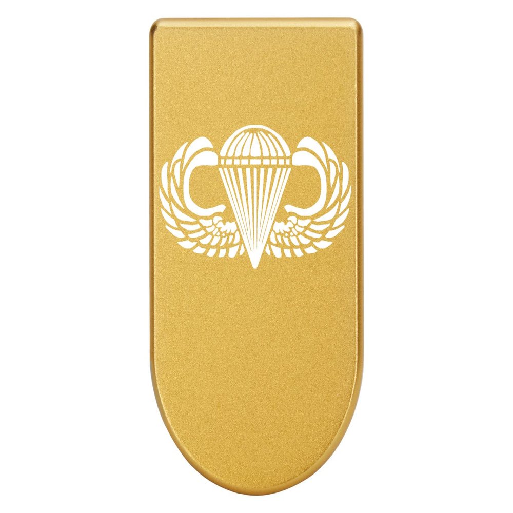 NDZ Performance Magazine Base Plate with Finger Extension for Springfield Hellcat 10 Round 9mm Gold Laser Engraved Aluminum Airborne Jump Wings USA Made
