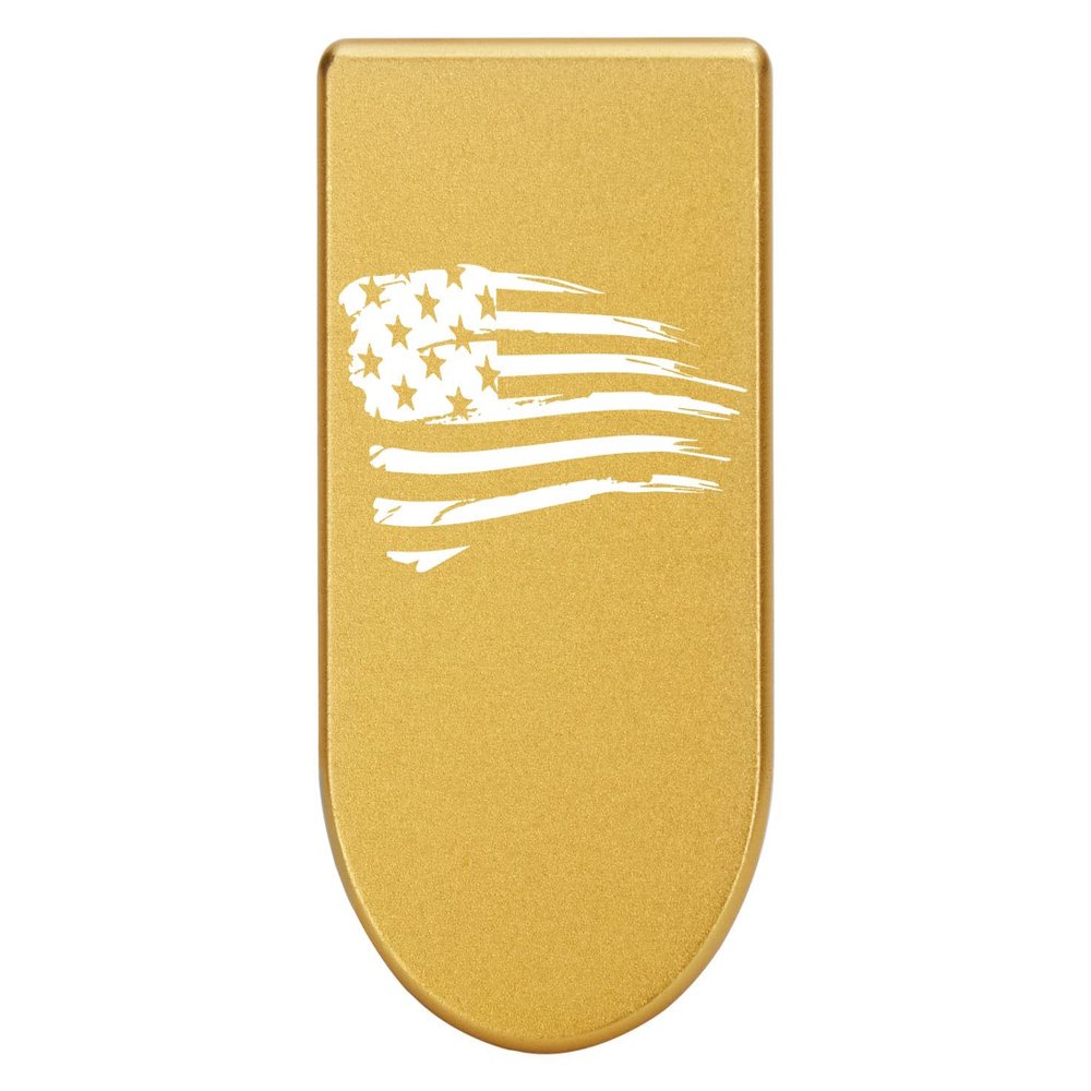 NDZ Performance Magazine Base Plate with Finger Extension for Springfield Hellcat 10 Round 9mm  Gold Laser Engraved Aluminum  US Flag Tattered  USA Made