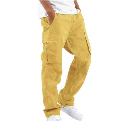 Cargo Pants for Men Relaxed Fit Causal Slim Streetwear Khaki Baggy Pants with Zipper Pockets Yellow S