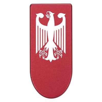 NDZ Performance Magazine Base Plate with Finger Extension for Springfield Hellcat 10 Round 9mm Red Laser Engraved Aluminum German Coat of Arms Federal Eagle USA Made