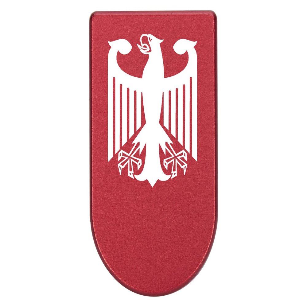 NDZ Performance Magazine Base Plate with Finger Extension for Springfield Hellcat 10 Round 9mm  Red Laser Engraved Aluminum  German Coat of Arms Federal Eagle  USA Made