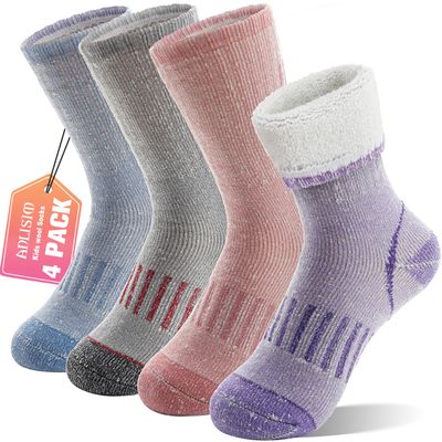 Anlisim Wool Socks, Thermal Winter Warm Thick Merino Wool Hiking Socks for Kids & Teens, 4 Pairs (4-7 Years, Assorted)