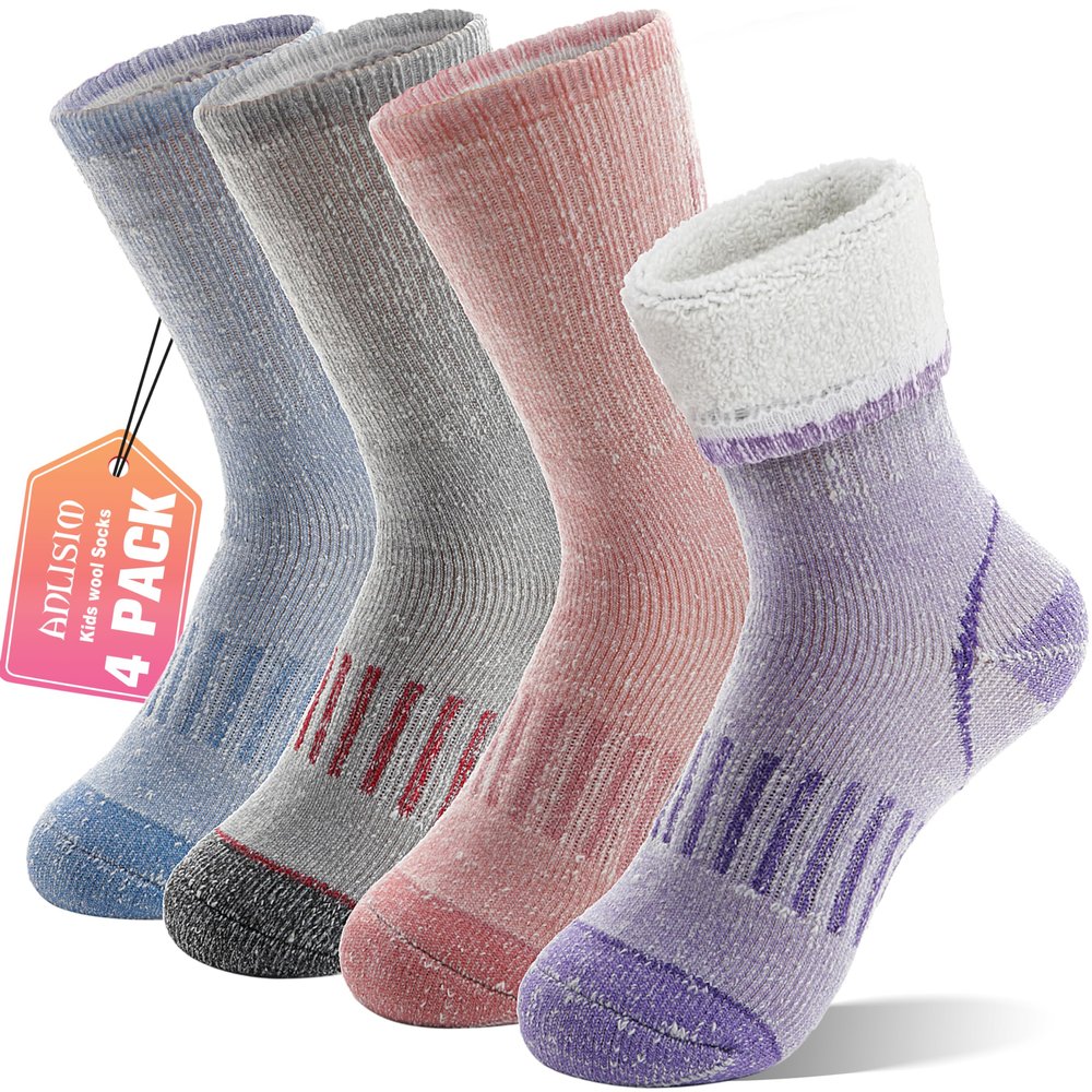 Anlisim Wool Socks, Thermal Winter Warm Thick Merino Wool Hiking Socks for Kids & Teens, 4 Pairs (4-7 Years, Assorted)